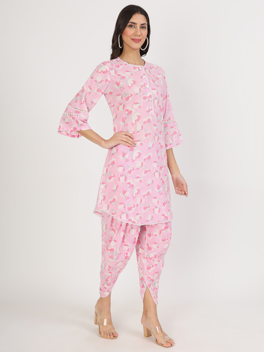 Pink Floral Printed Cotton Kurta with Dhoti Co-Ord Set