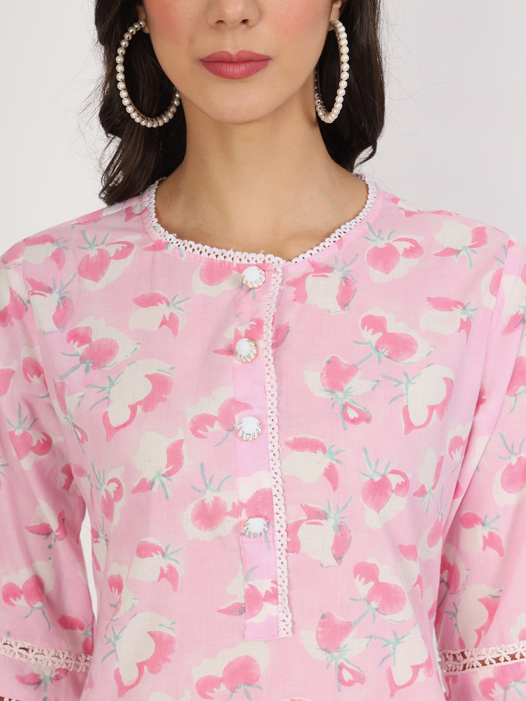 Pink Floral Printed Cotton Kurta with Dhoti Co-Ord Set