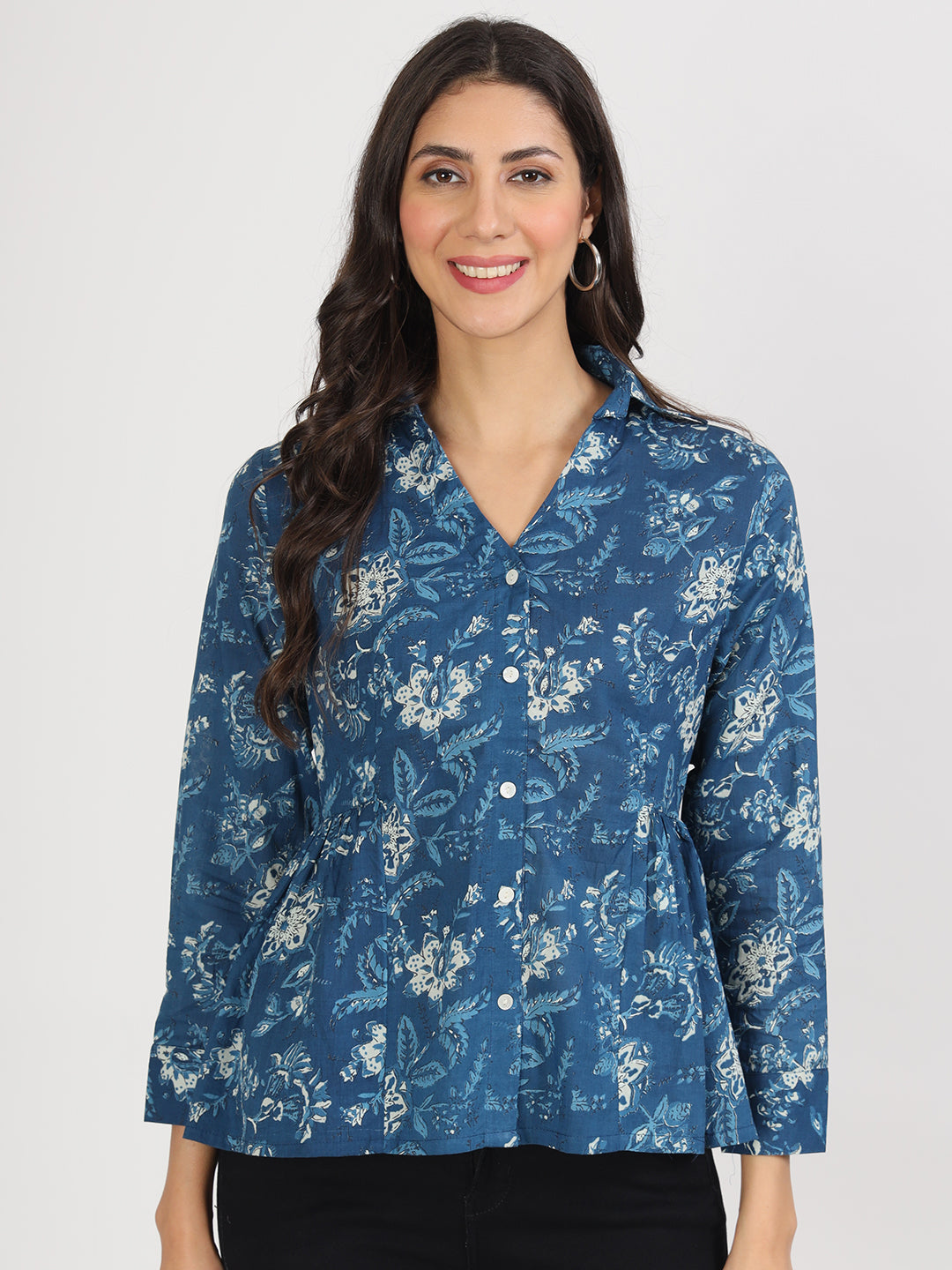 Indigo Blue Cotton Shirt Style Top