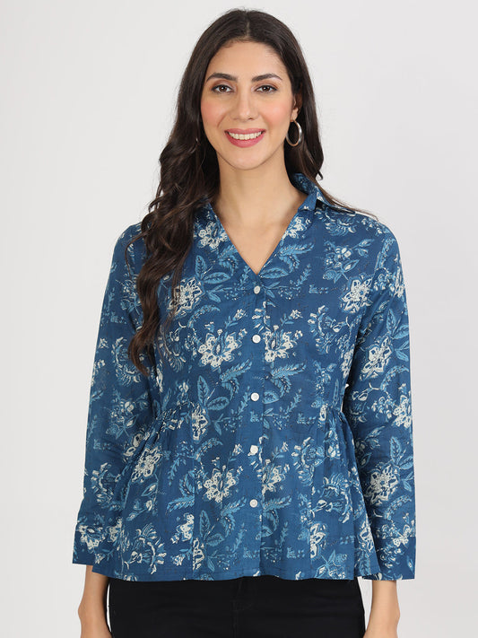 Indigo Blue Cotton Shirt Style Top