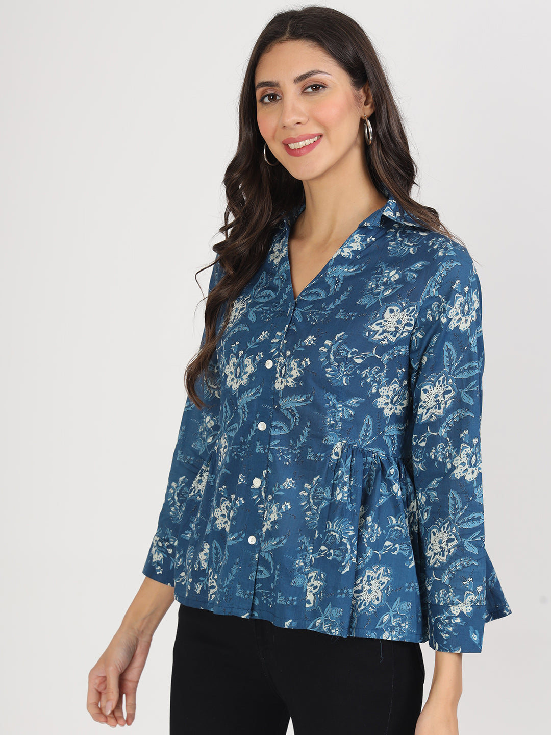 Indigo Blue Cotton Shirt Style Top