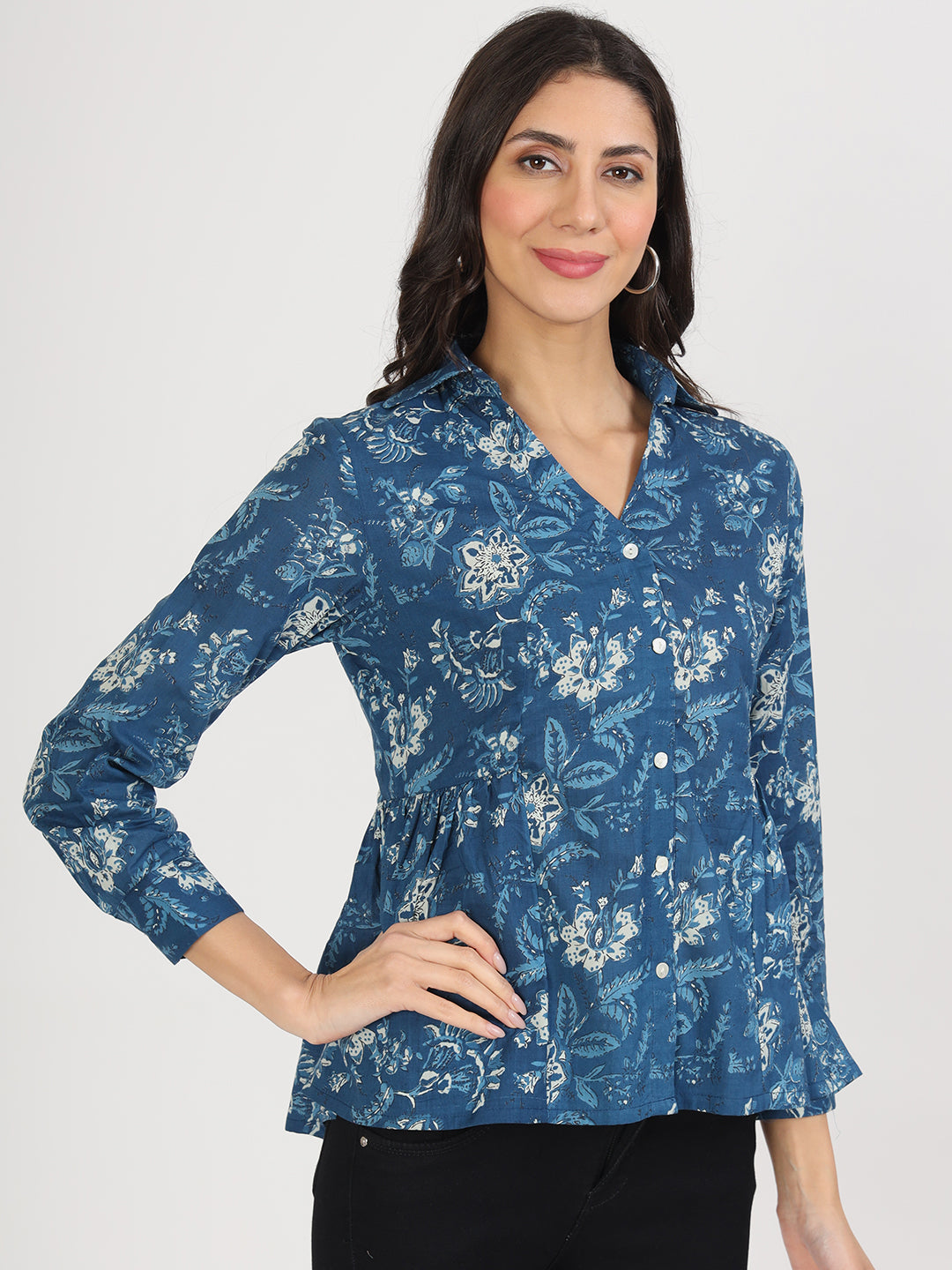 Indigo Blue Cotton Shirt Style Top