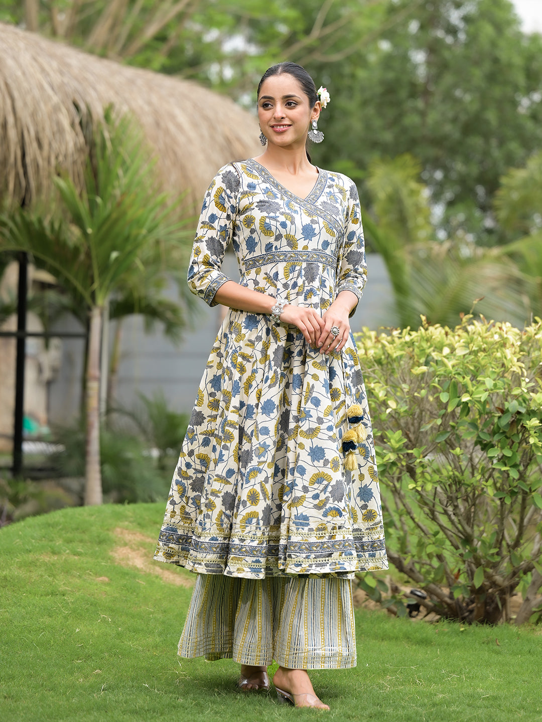 offWhite Floral Print Cotton Kurta Sharara set for women