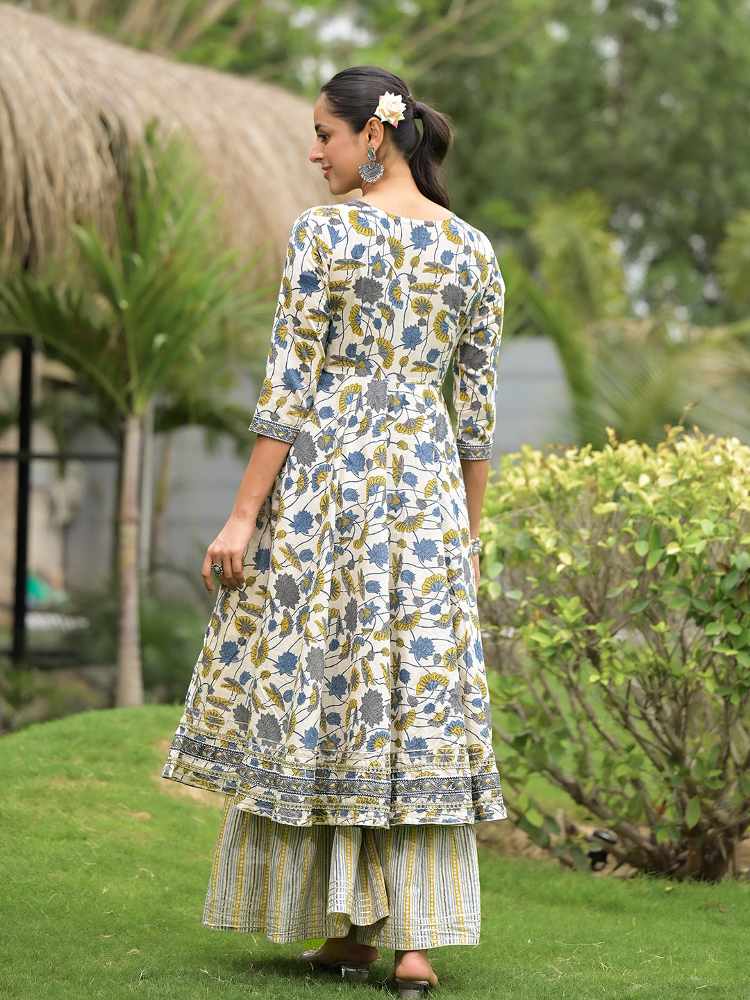 offWhite Floral Print Cotton Kurta Sharara set for women