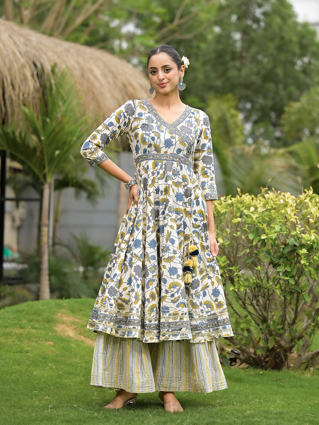 offWhite Floral Print Cotton Kurta Sharara set for women