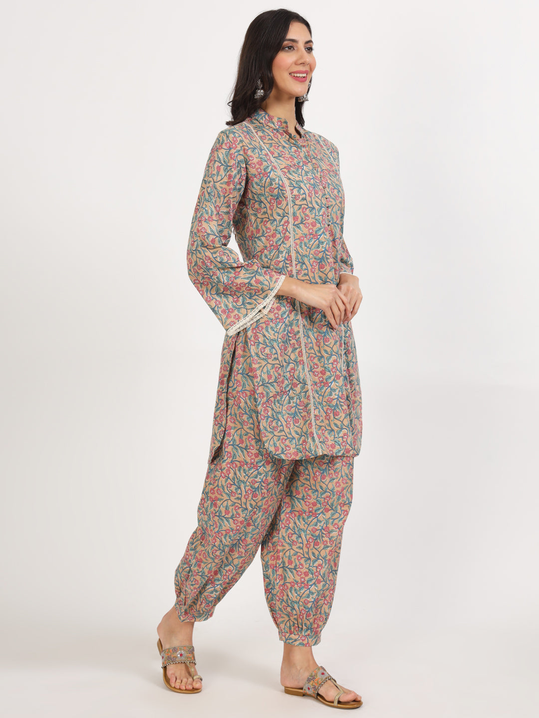 Beige Floral Printed Cotton Co-ord Set