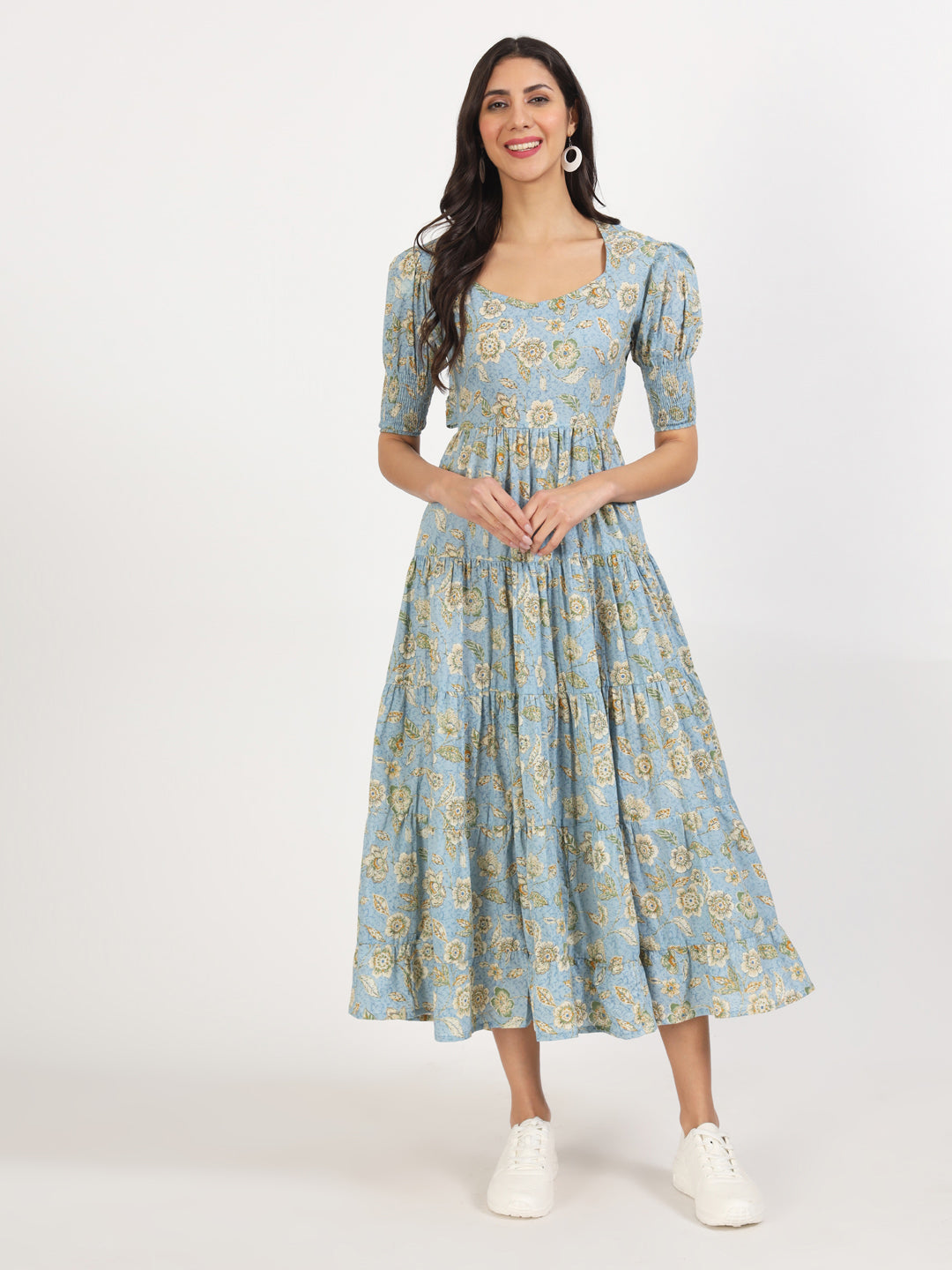 Sky Blue Floral Printed Calf length Dress