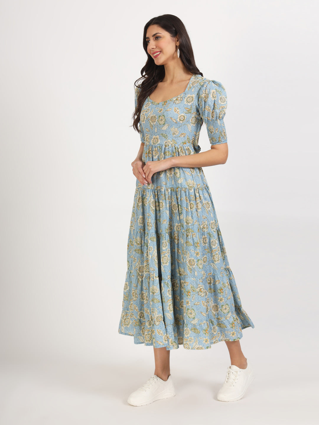 Sky Blue Floral Printed Calf length Dress