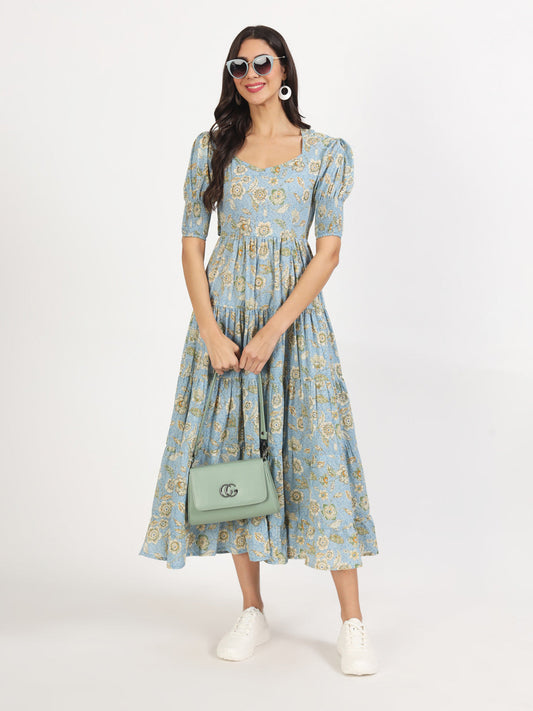 Sky Blue Floral Printed Calf length Dress