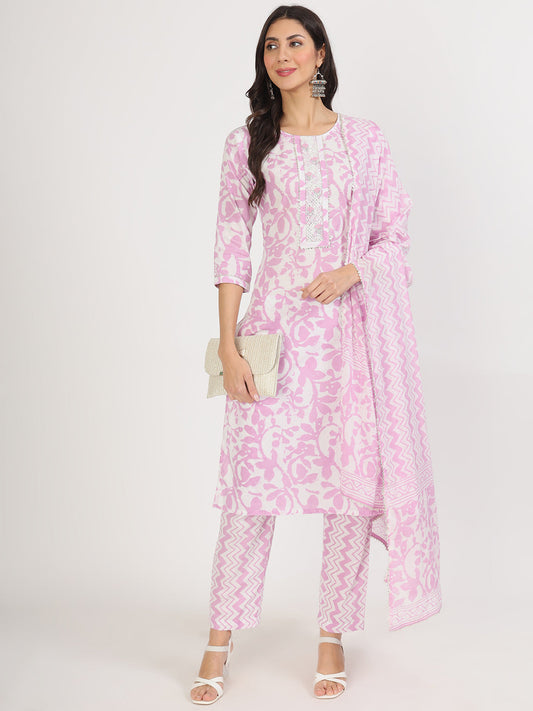 Purple Floral Print Cotton Kurta pant with Dupatta set