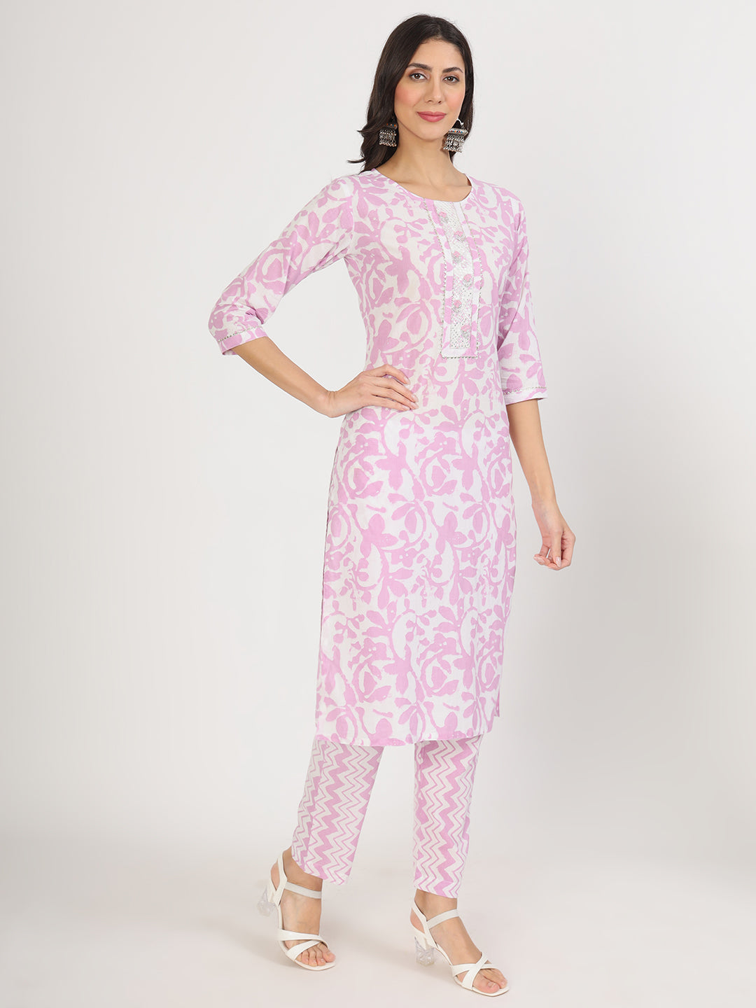 Purple Floral Print Cotton Kurta pant with Dupatta set