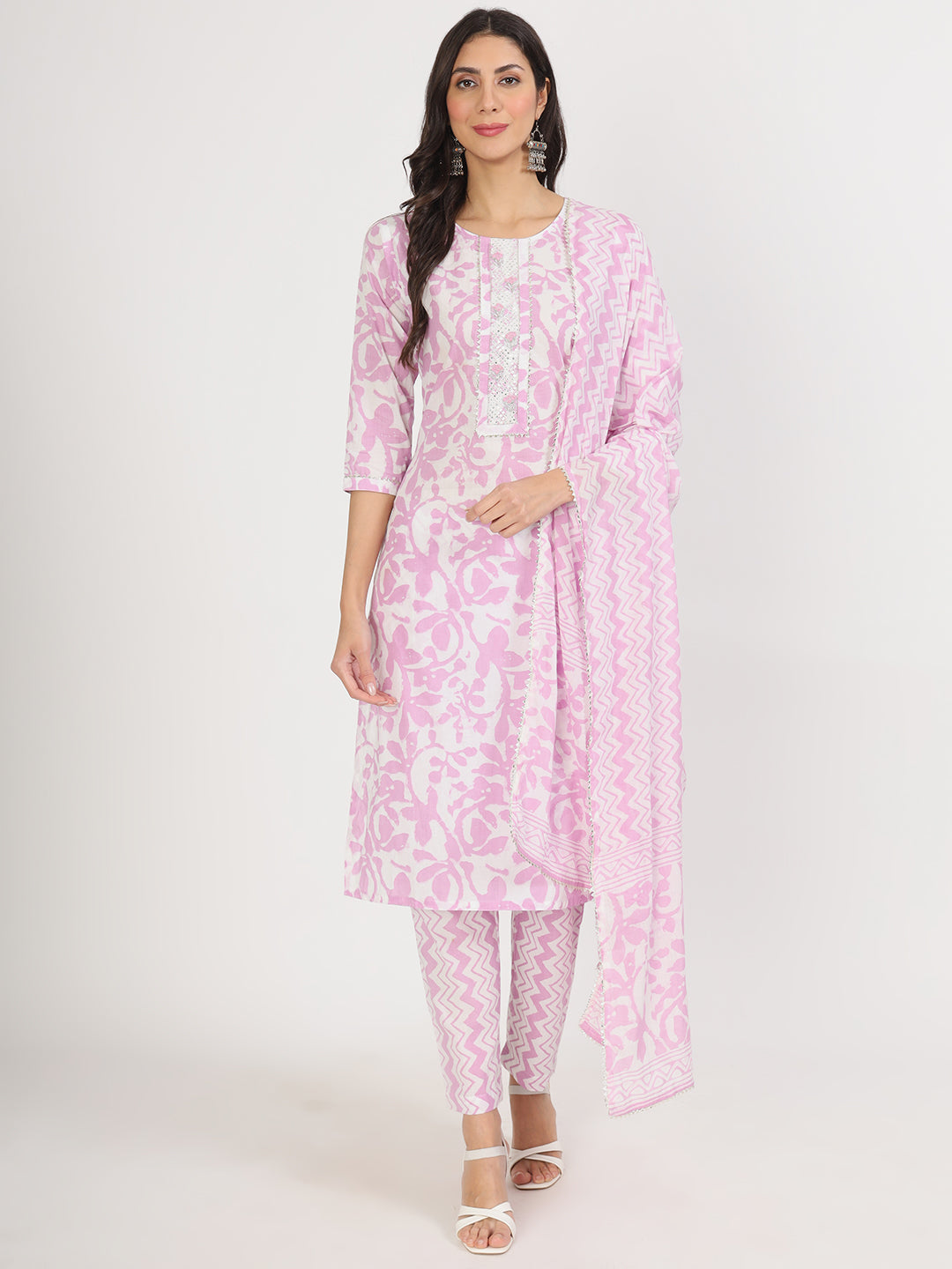 Purple Floral Print Cotton Kurta pant with Dupatta set