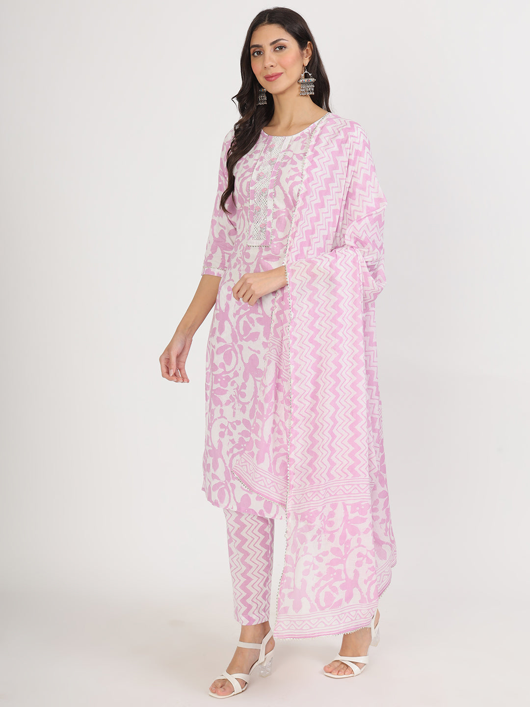 Purple Floral Print Cotton Kurta pant with Dupatta set