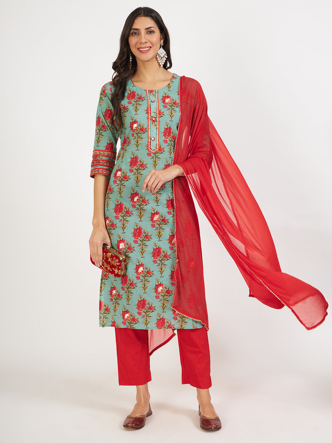 Green Floral Print Cotton Kurta pant with Dupatta set