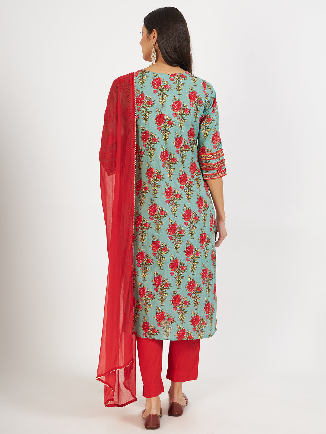 Green Floral Print Cotton Kurta pant with Dupatta set