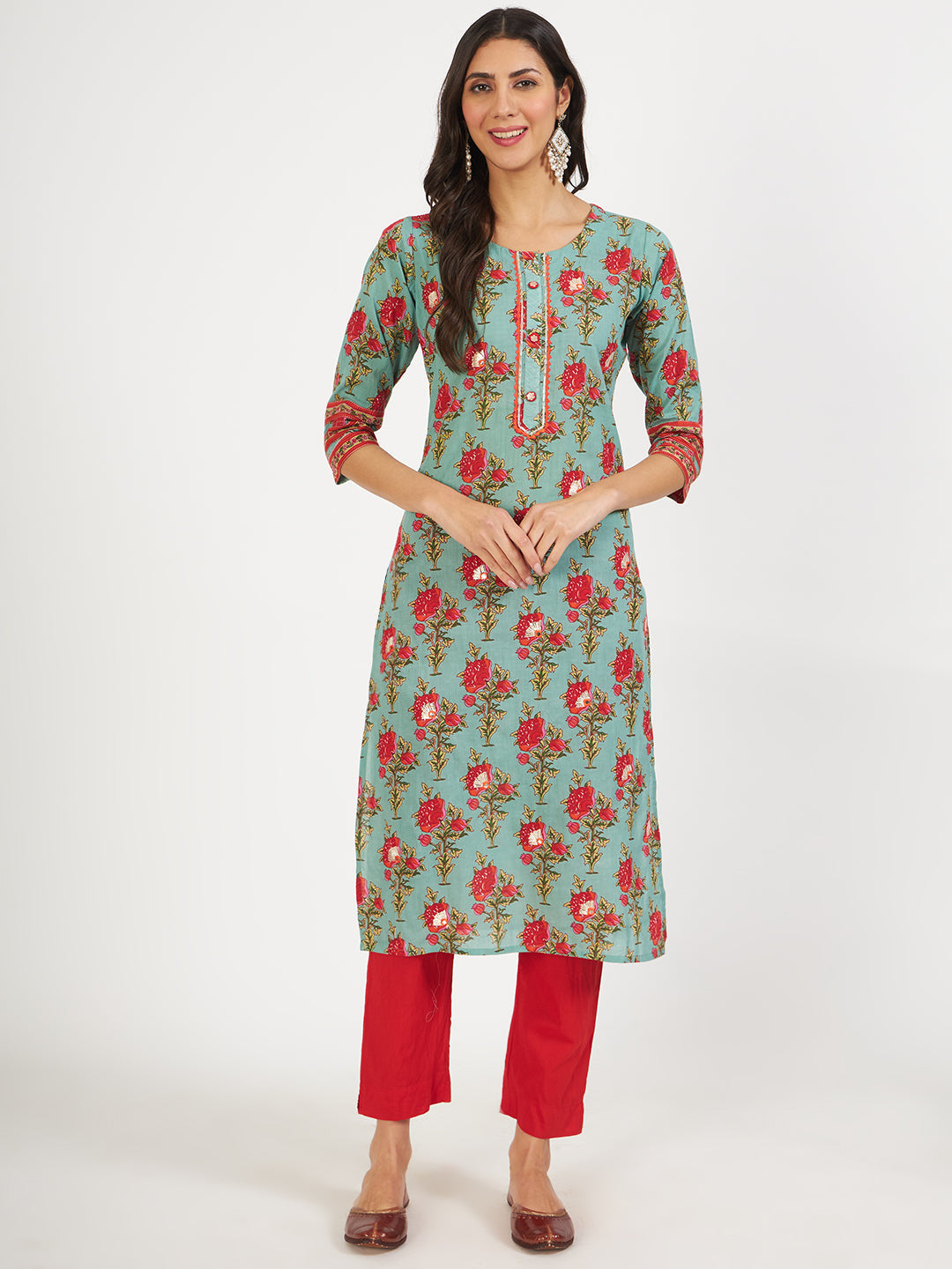 Green Floral Print Cotton Kurta pant with Dupatta set