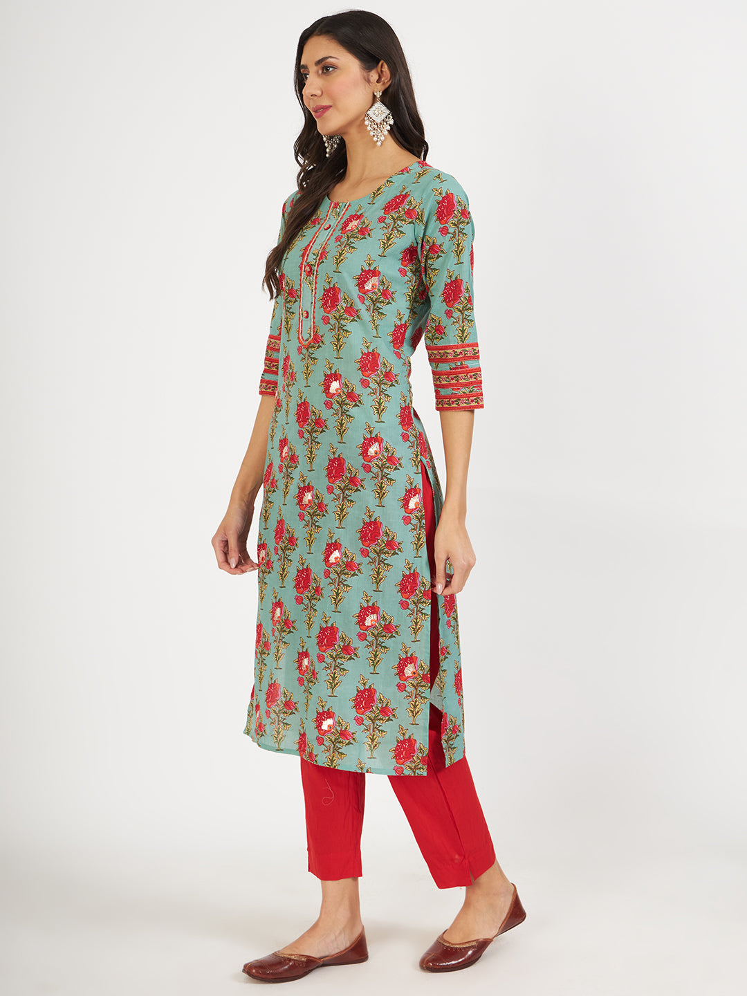 Green Floral Print Cotton Kurta pant with Dupatta set