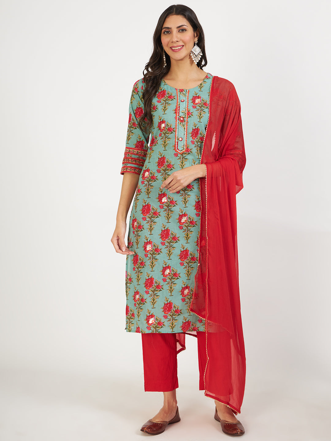 Green Floral Print Cotton Kurta pant with Dupatta set