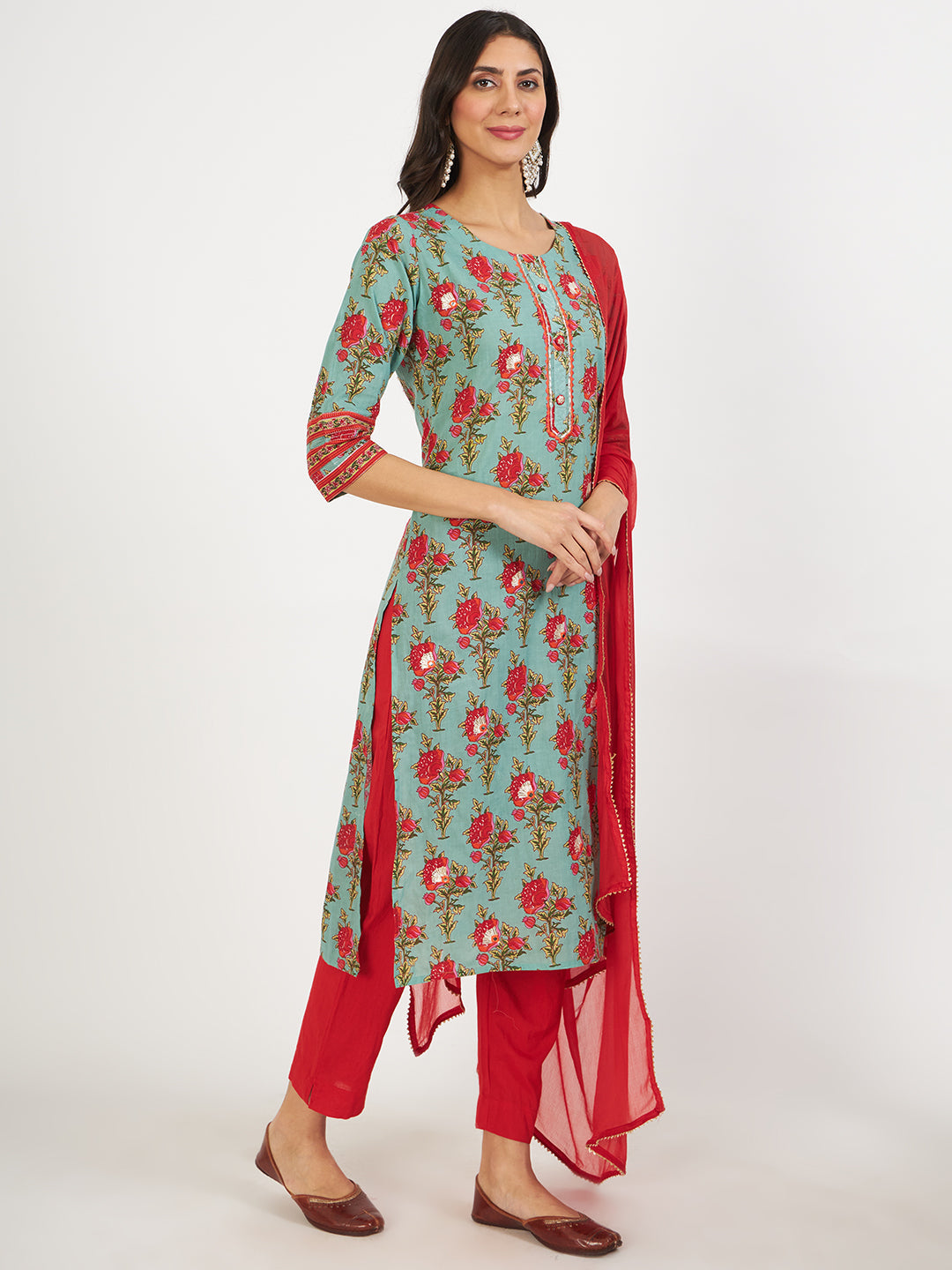 Green Floral Print Cotton Kurta pant with Dupatta set