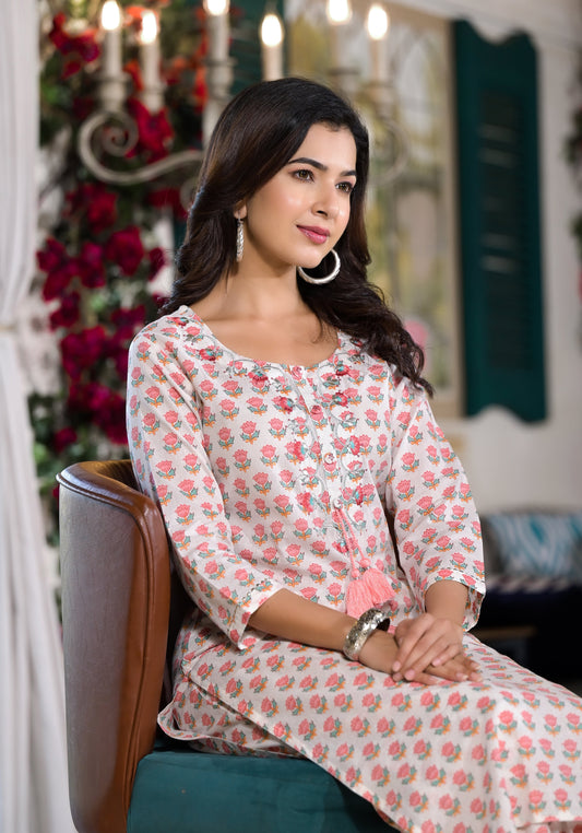 White & Pink Floral Printed Cotton Kurta with Trouser