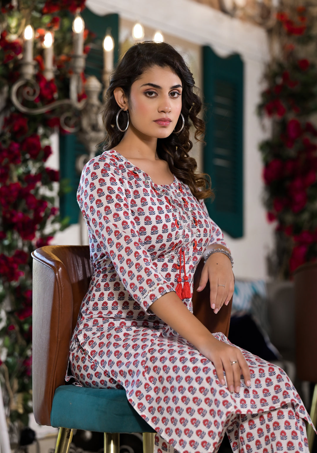 White & Red Floral Printed Cotton Kurta with Trouser