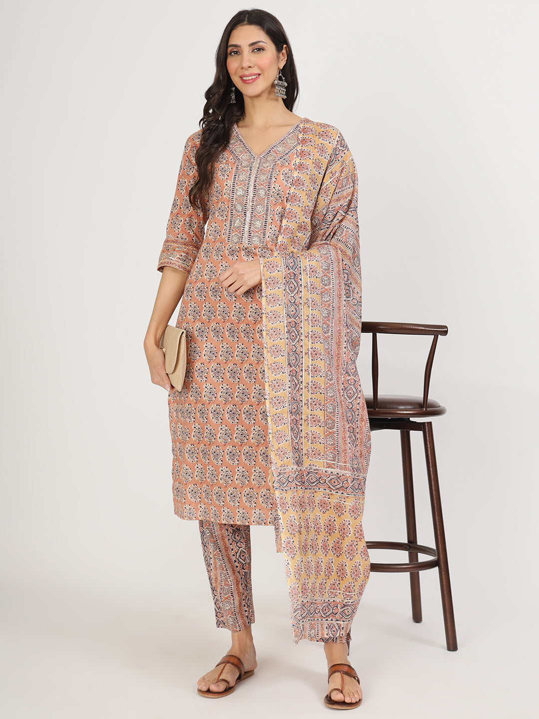 Brown Embroidered Cotton Kurta pants with Dupatta set