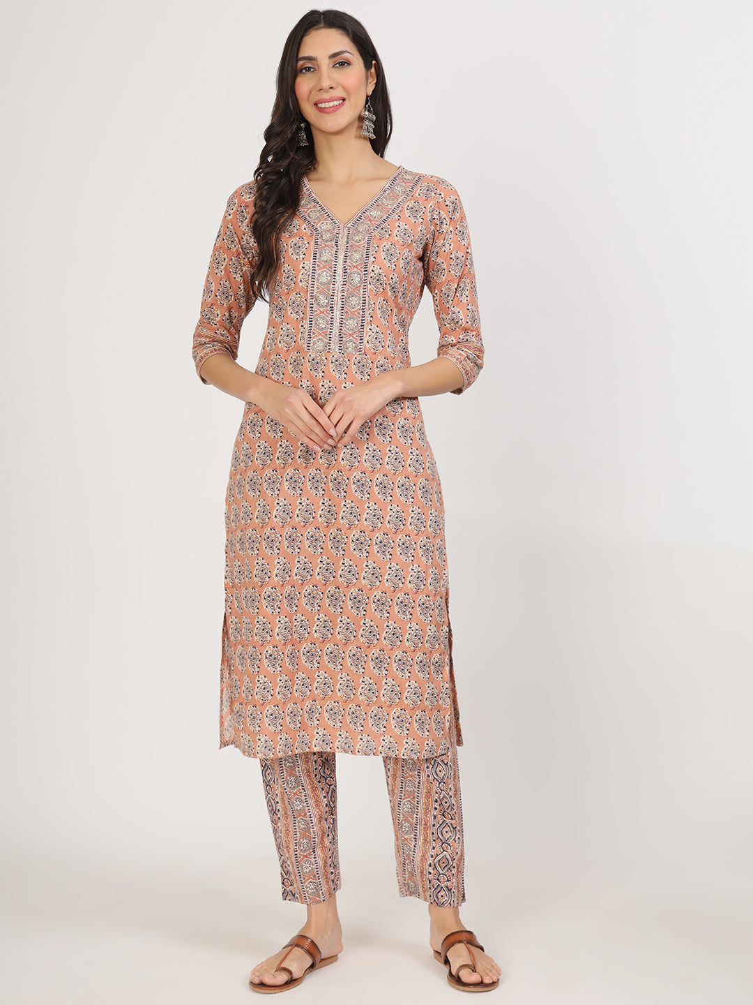 Brown Embroidered Cotton Kurta pants with Dupatta set