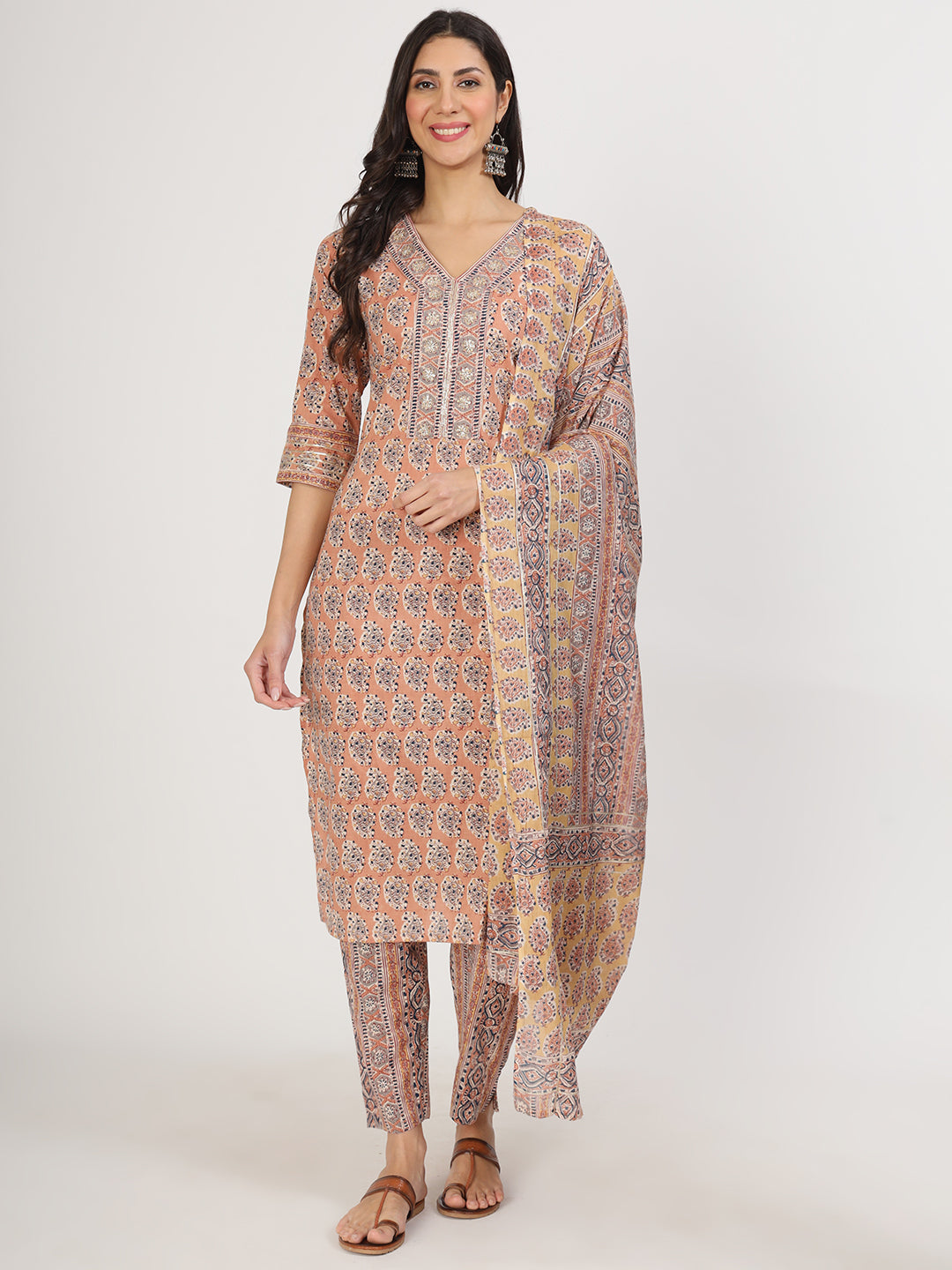 Brown Embroidered Cotton Kurta pants with Dupatta set