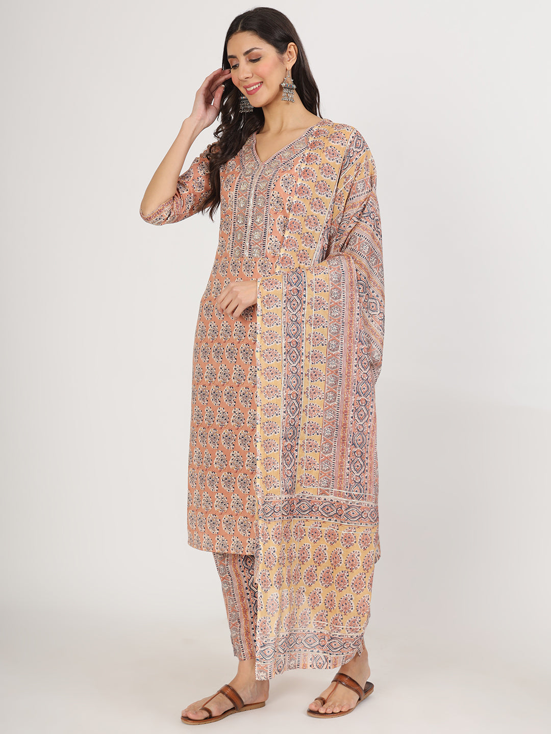 Brown Embroidered Cotton Kurta pants with Dupatta set