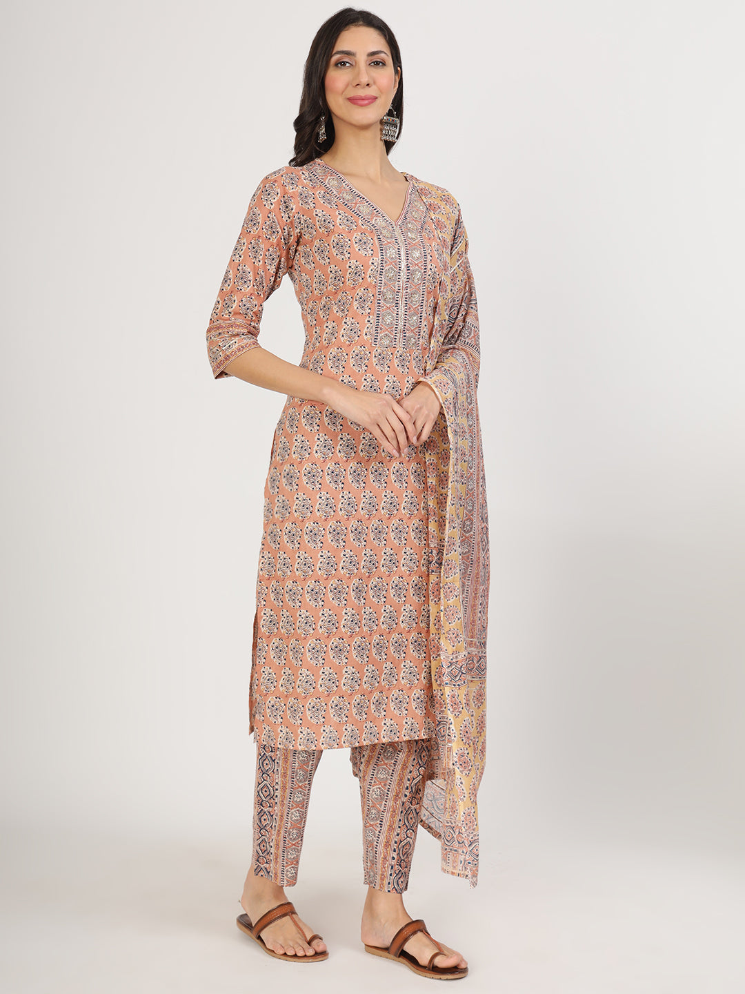 Brown Embroidered Cotton Kurta pants with Dupatta set