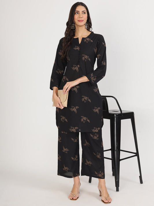 Black Printed Kurta with Trouser Co-Ord Set