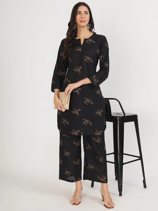 Black Printed Kurta With Trouser Co-Ord Set