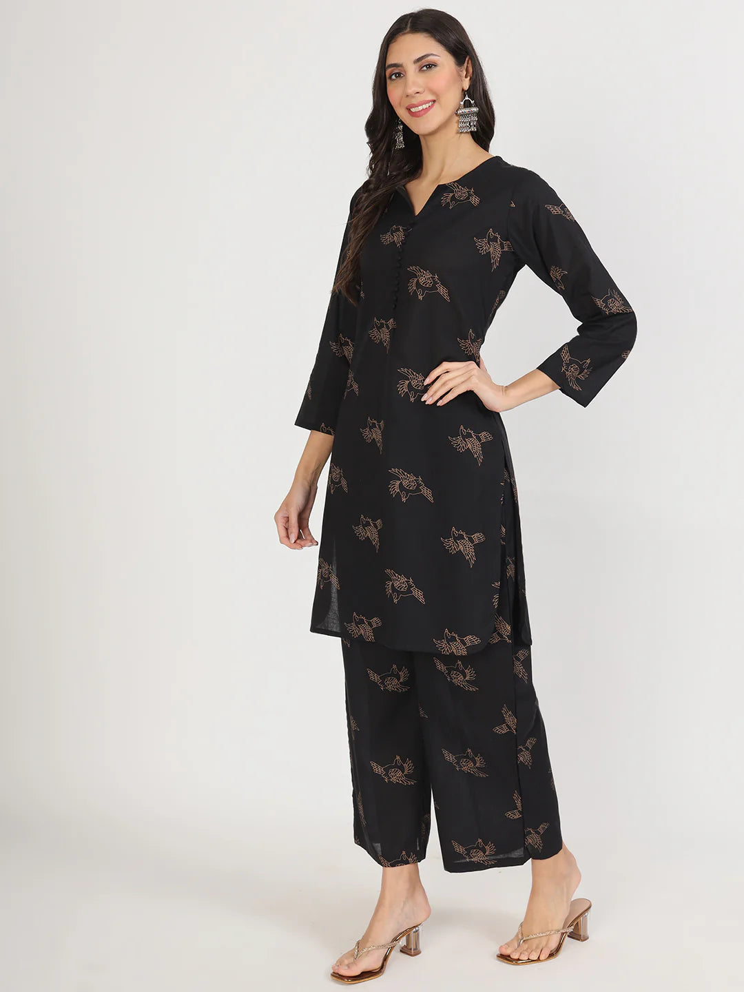 Black Printed Kurta With Trouser Co-Ord Set