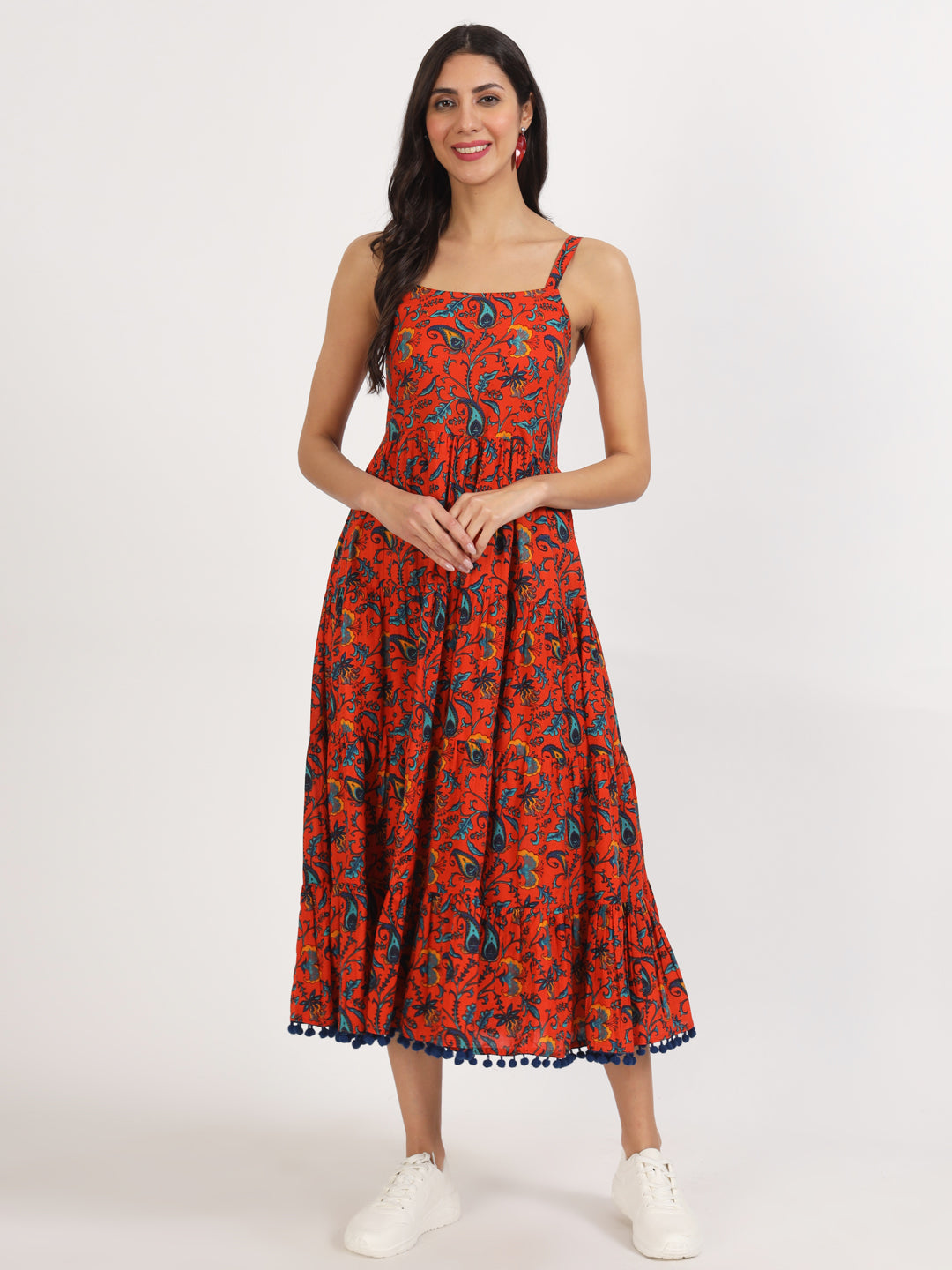 Red Floral Printed Cotton Dress