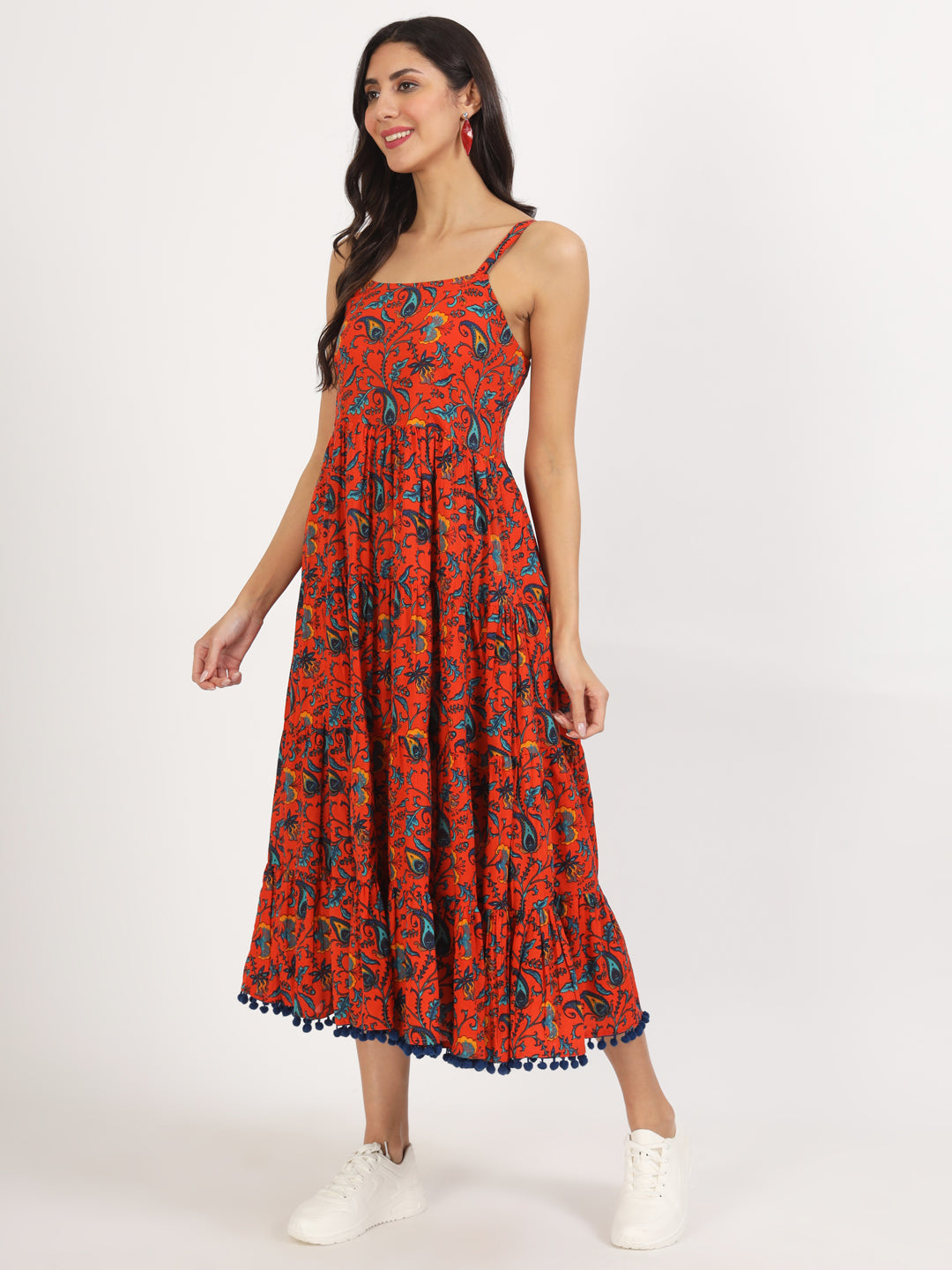 Red Floral Printed Cotton Dress