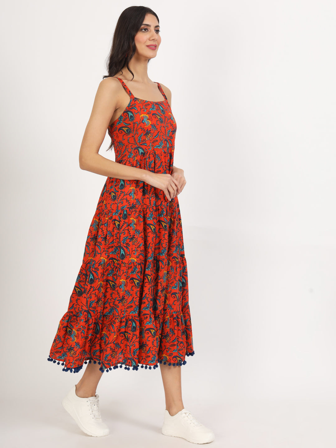 Red Floral Printed Cotton Dress