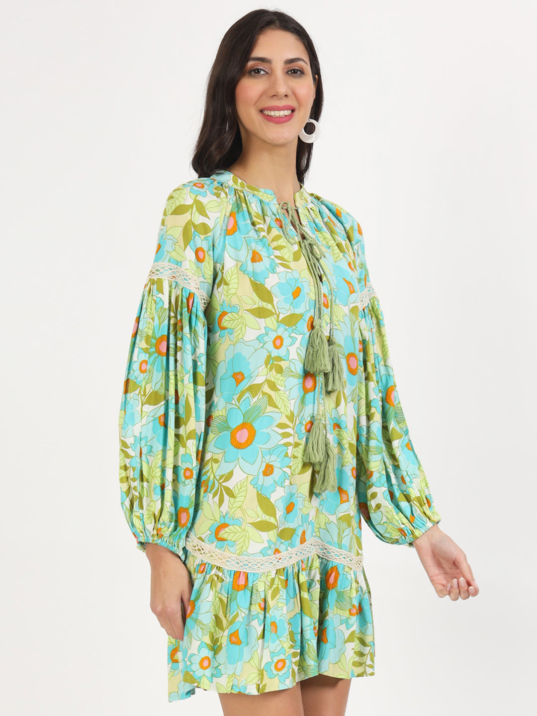 Green Floral Printed Rayon Dress