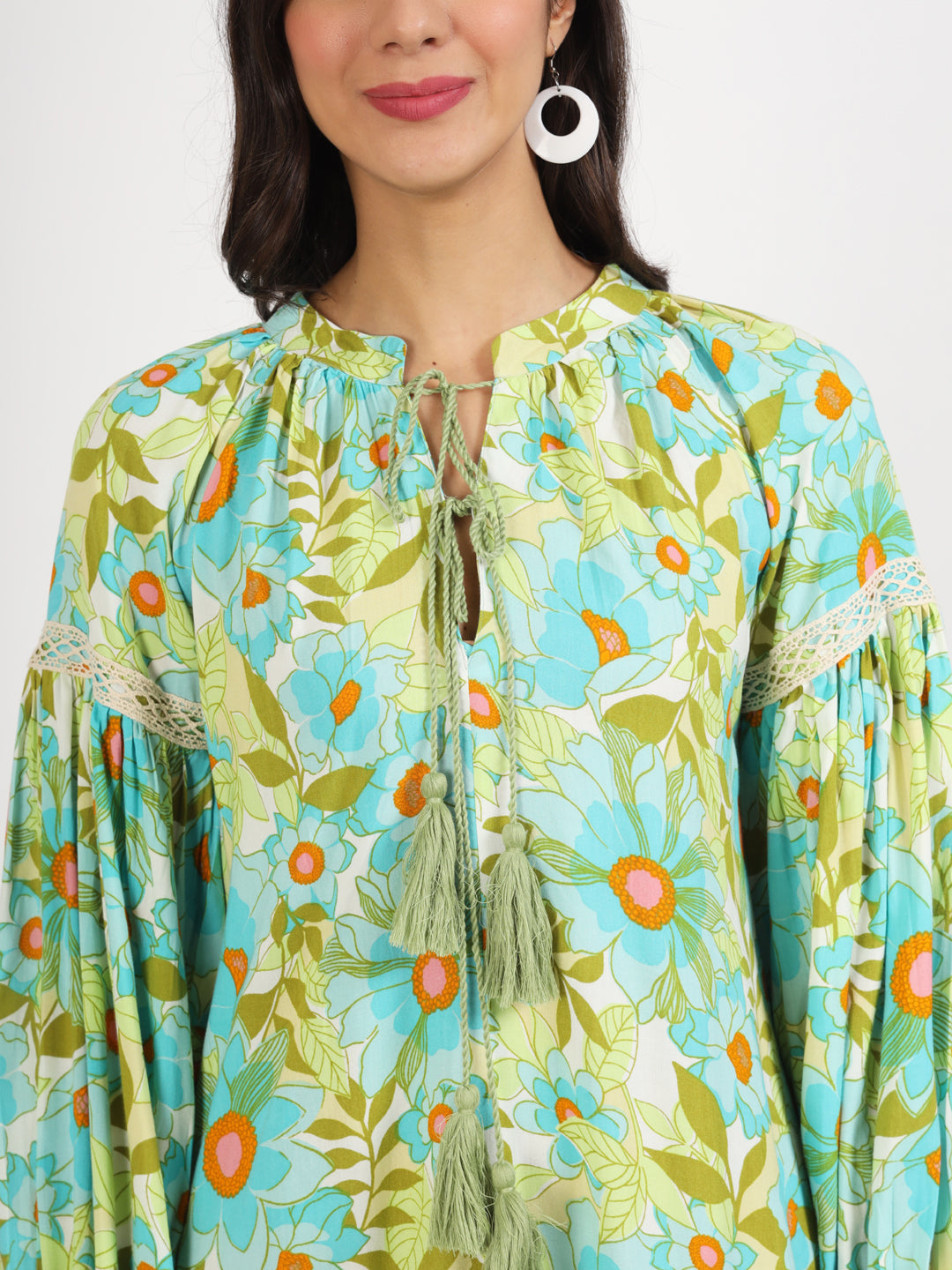 Green Floral Printed Rayon Dress