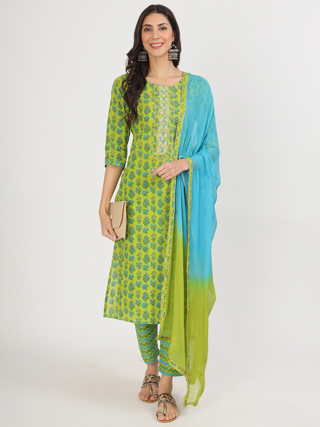 Green Floral Print Cotton Kurta Pants with Dupatta set for women