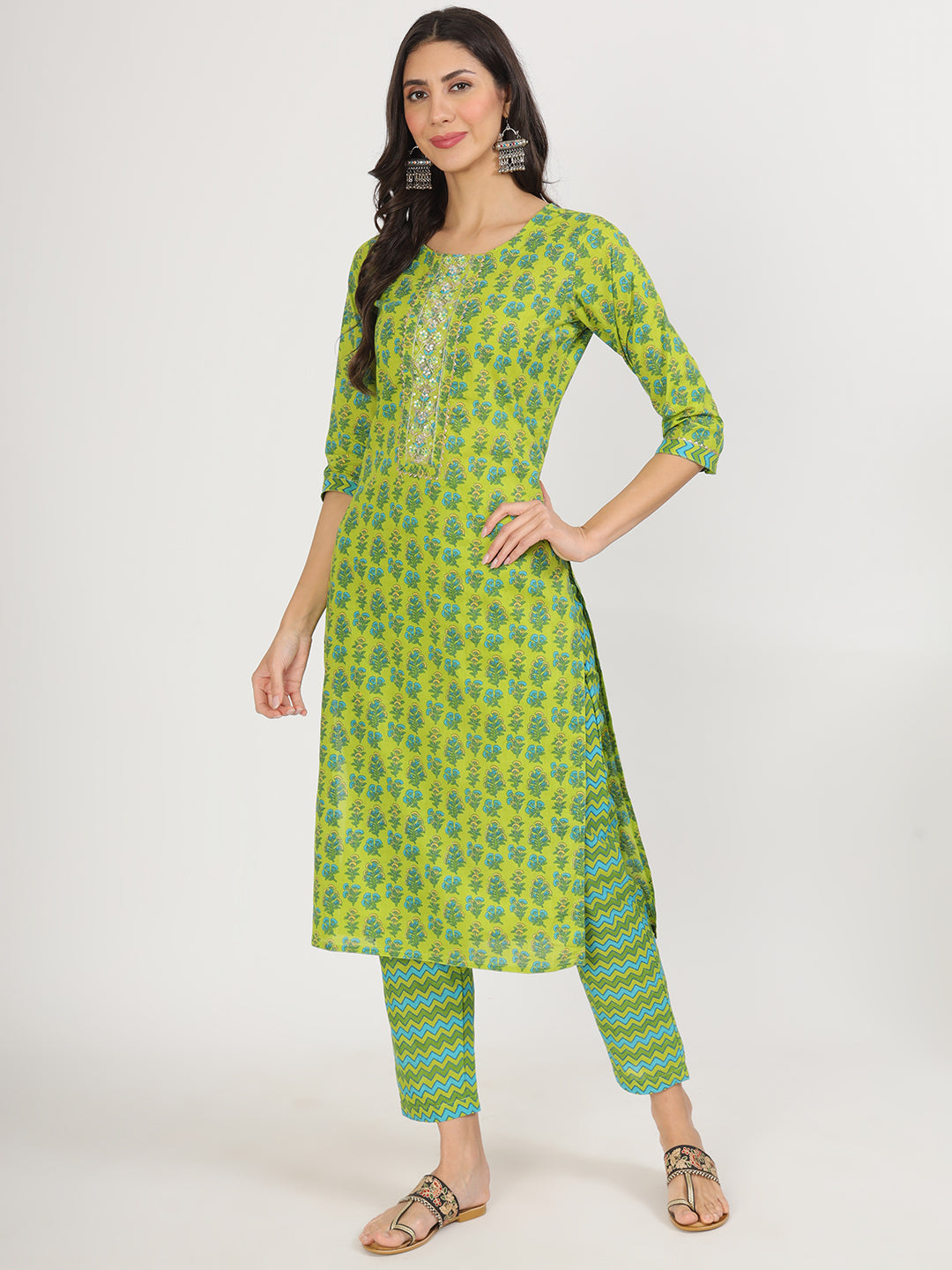 Green Floral Print Cotton Kurta Pants with Dupatta set for women