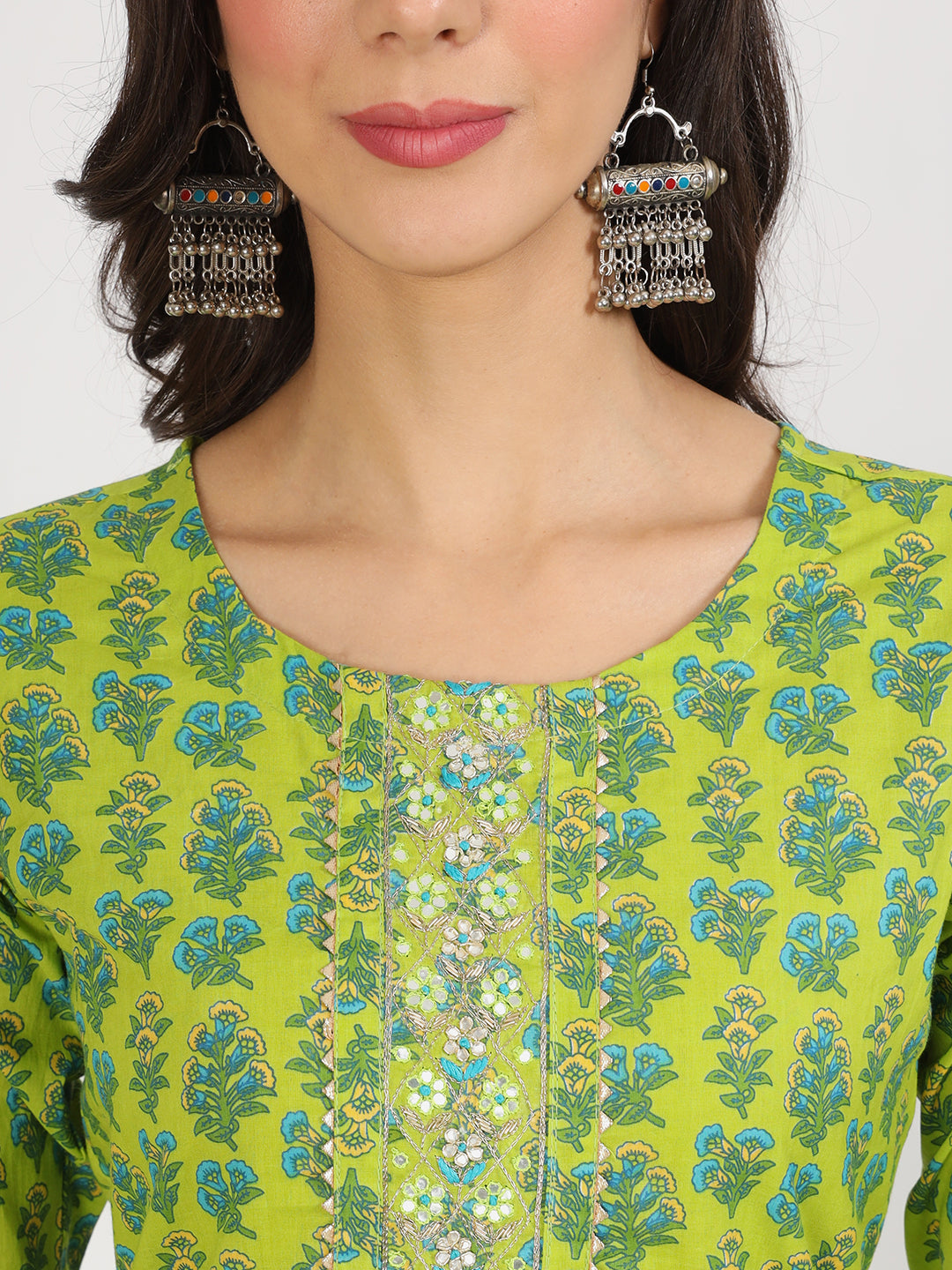 Green Floral Print Cotton Kurta Pants with Dupatta set for women