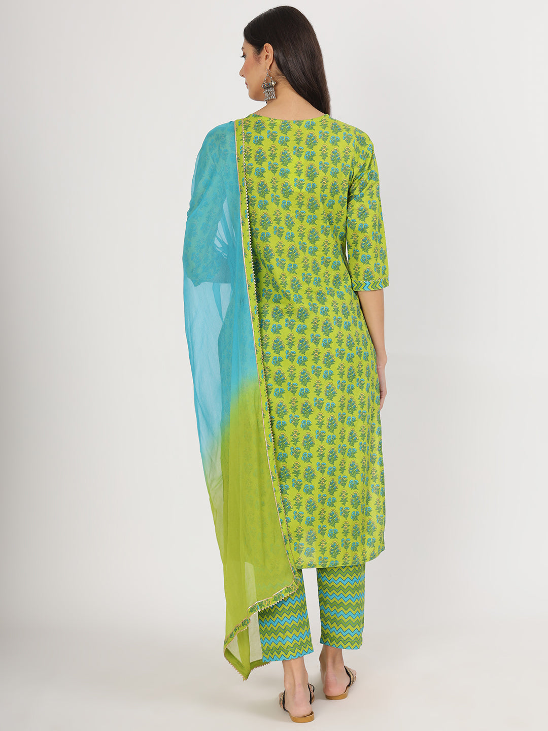 Green Floral Print Cotton Kurta Pants with Dupatta set for women