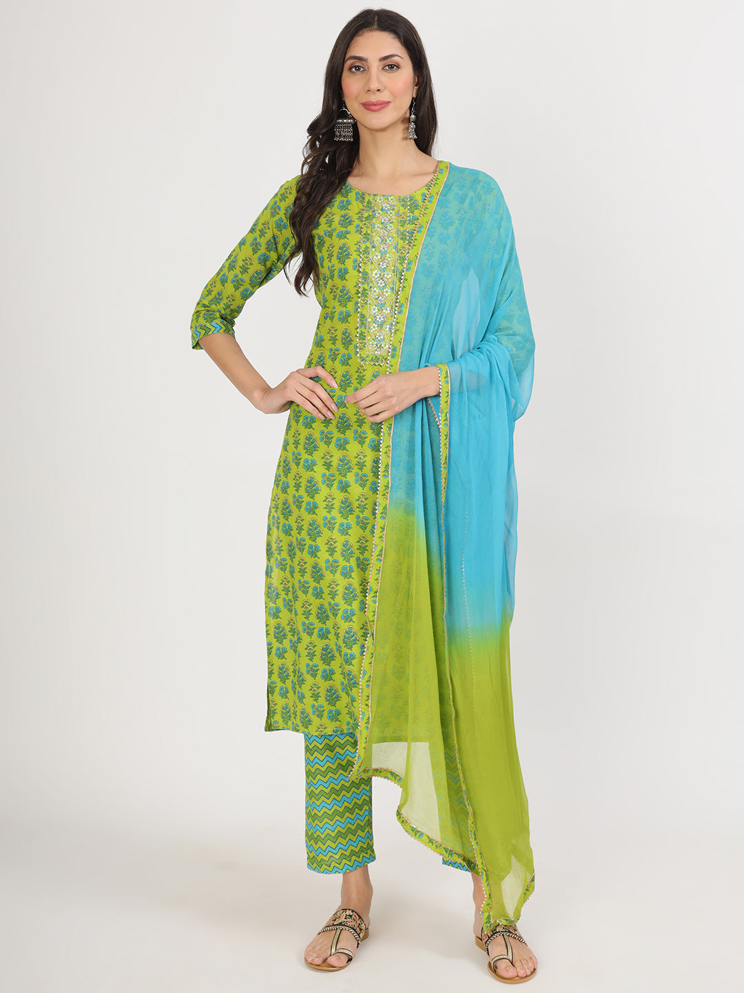 Green Floral Print Cotton Kurta Pants with Dupatta set for women