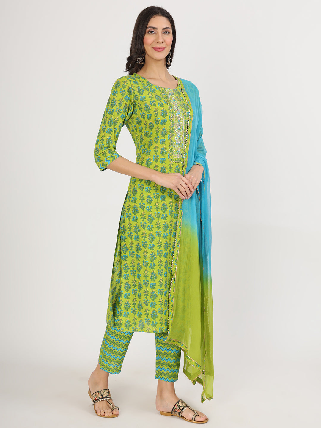 Green Floral Print Cotton Kurta Pants with Dupatta set for women