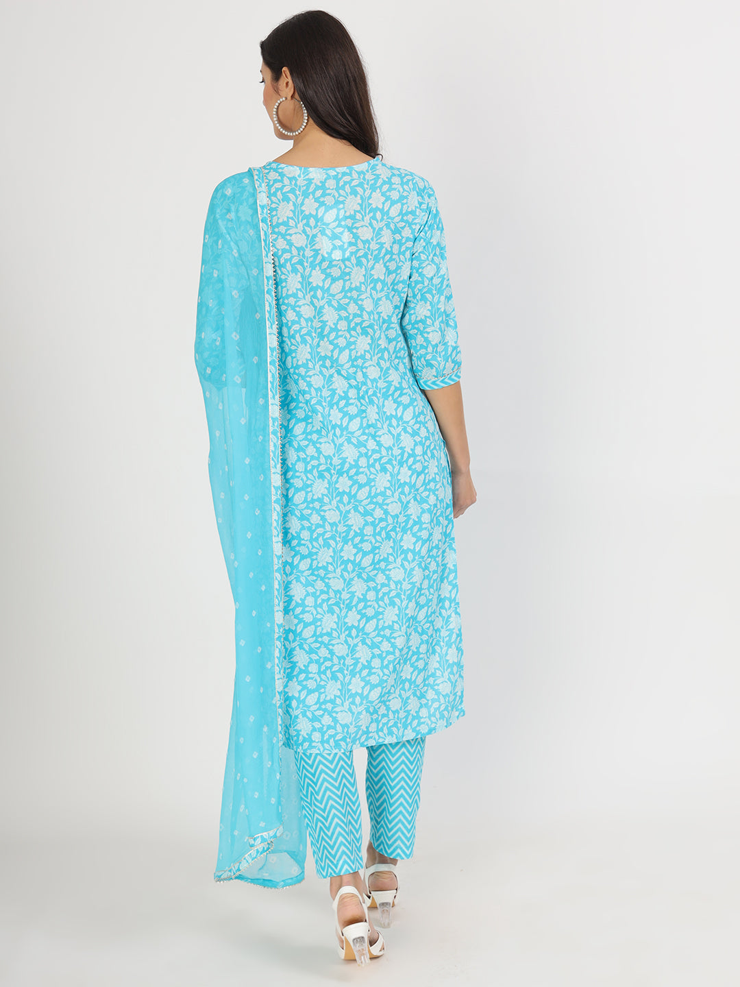 turquoise blue Floral Print Cotton Kurta pants with Dupatta set for women