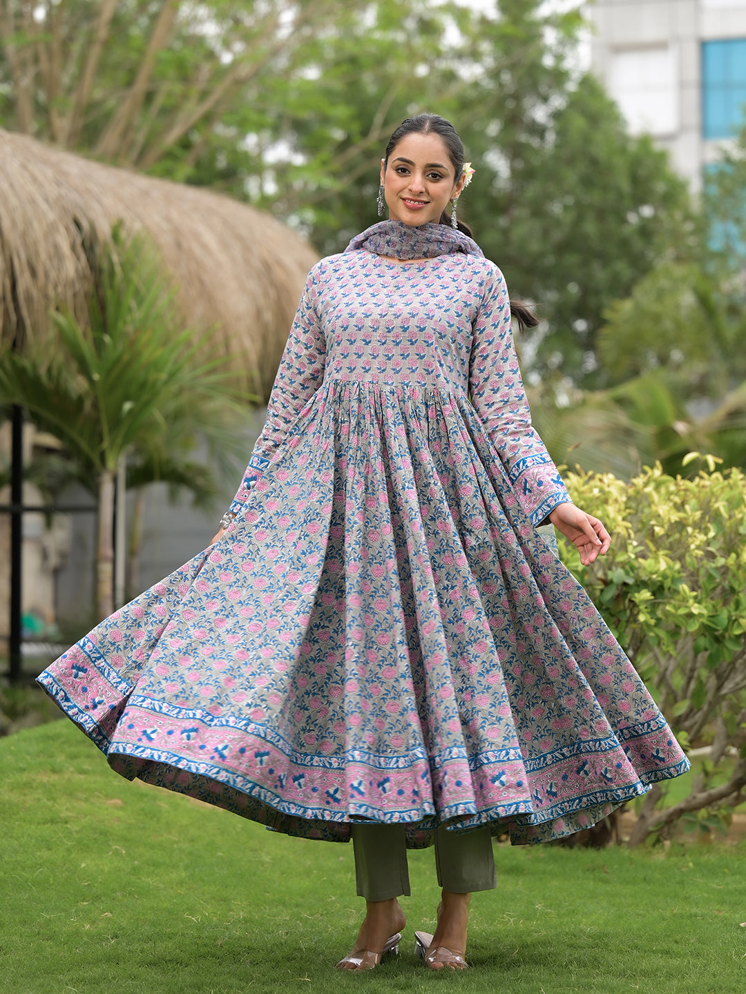 Floral Printed Round Neck Pure Cotton Anarkali Kurta With Trousers & Dupatta