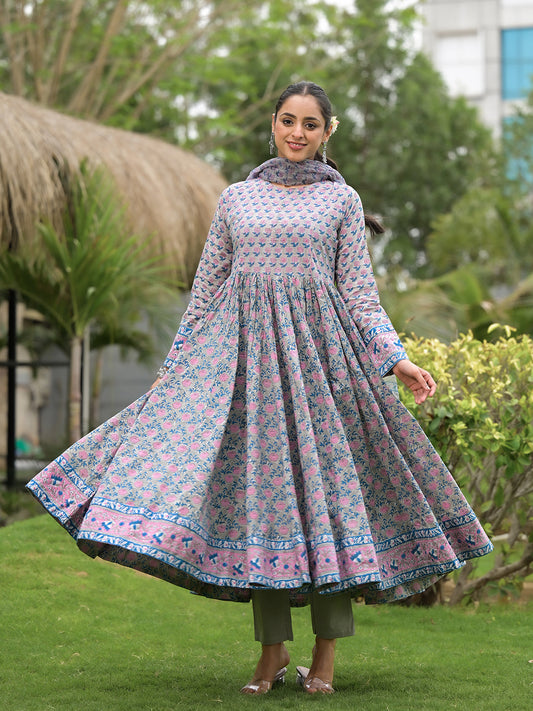 Floral Printed Round Neck Pure Cotton Anarkali Kurta With Trousers & Dupatta