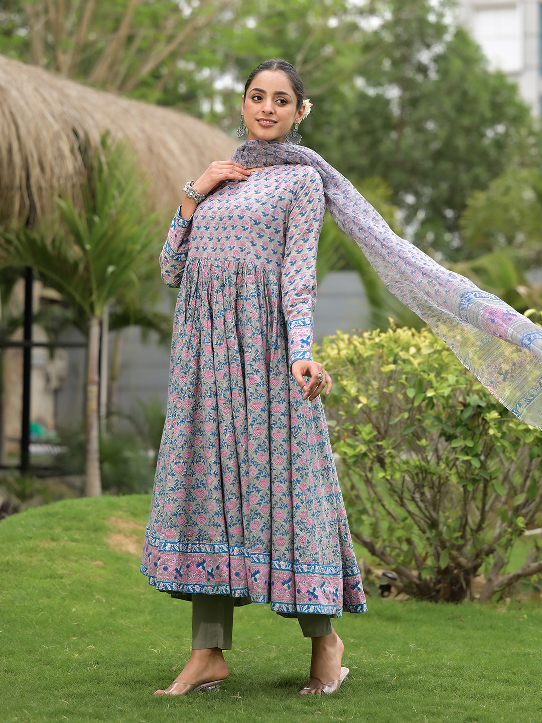 Floral Printed Round Neck Pure Cotton Anarkali Kurta With Trousers & Dupatta