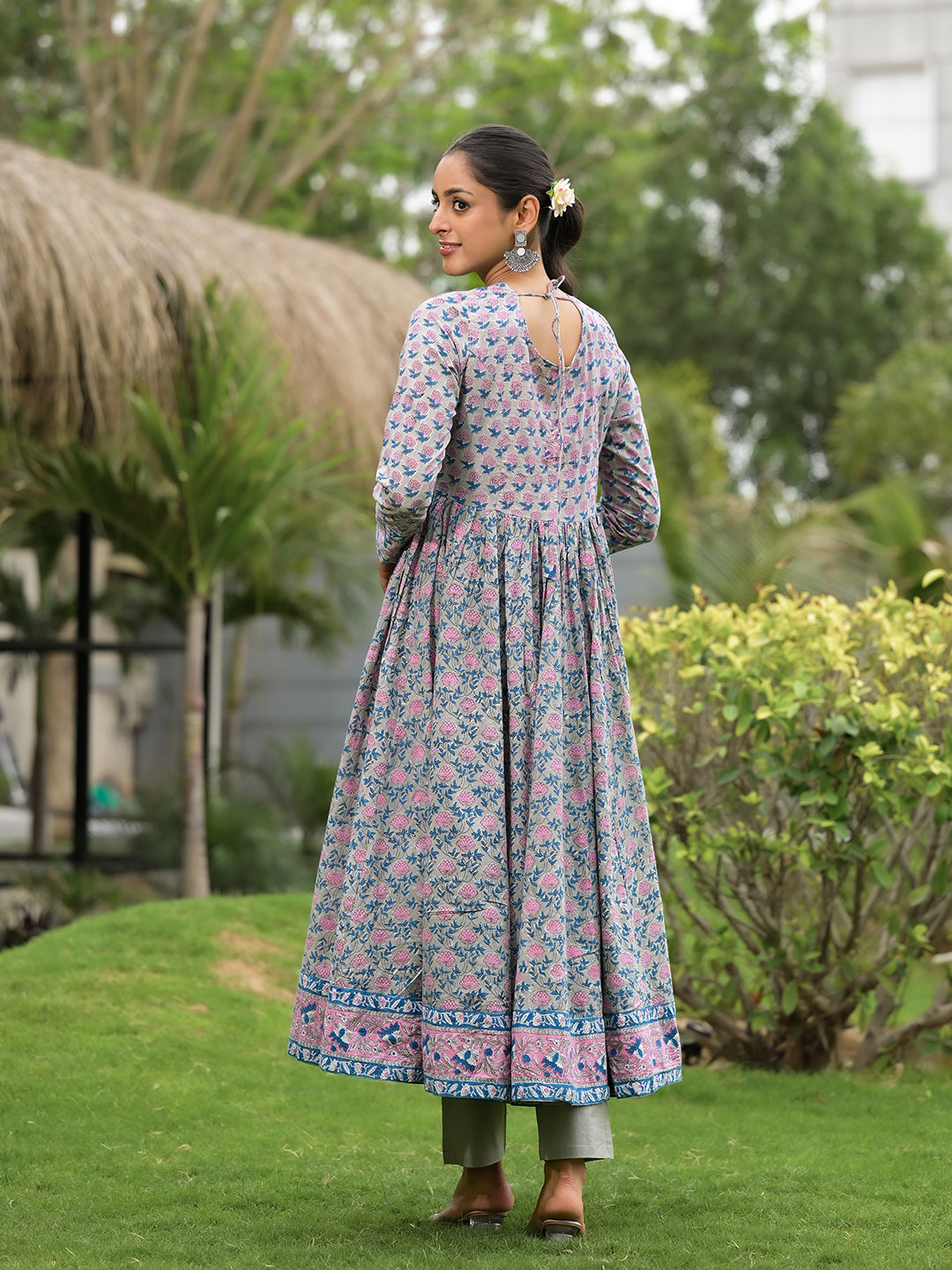 Floral Printed Round Neck Pure Cotton Anarkali Kurta With Trousers & Dupatta