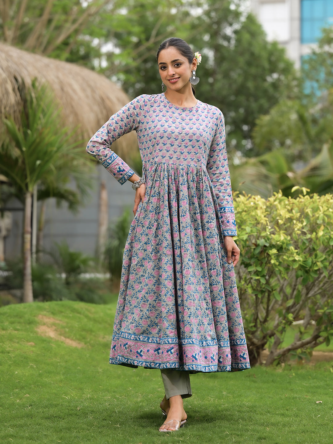 Floral Printed Round Neck Pure Cotton Anarkali Kurta With Trousers & Dupatta